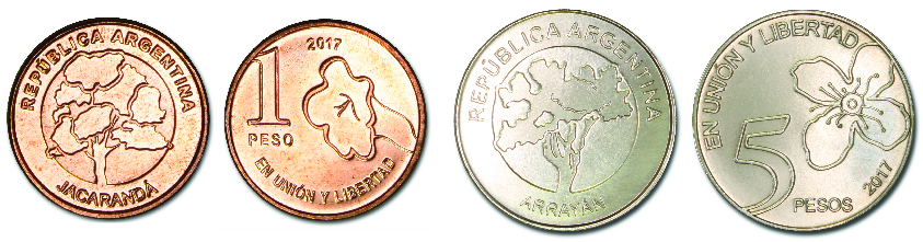 Monedas de 1 y 5 pesos