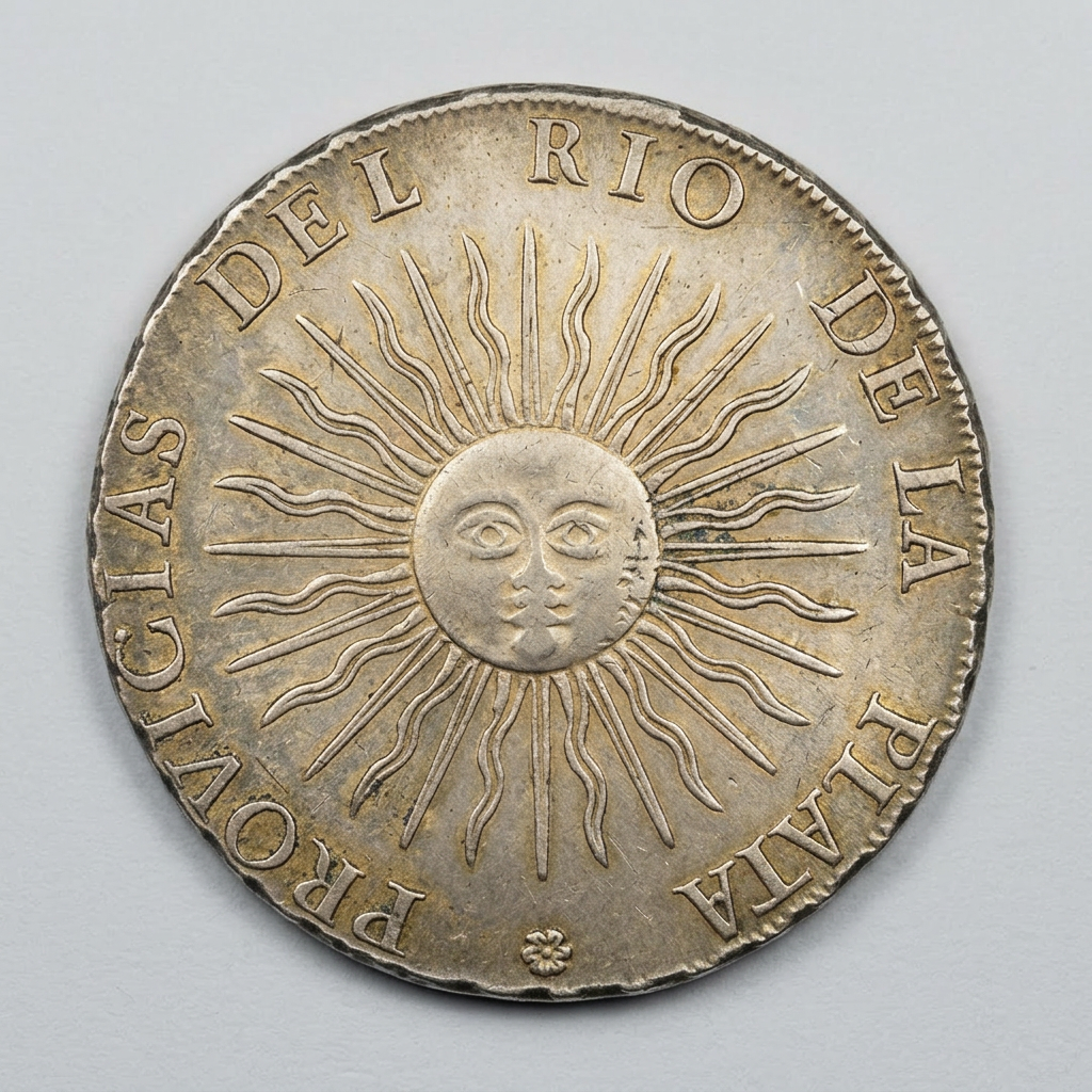 Primera moneda patria con el sol y la leyenda Provincias del Río de la Plat
