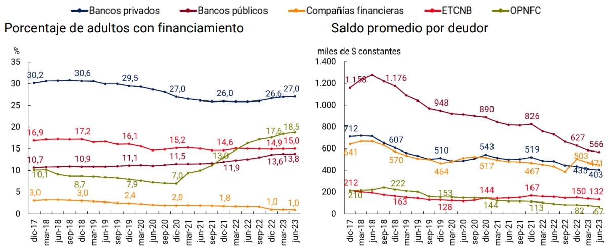 gráfico sobre el porcentaje de la población adulta con financiamiento y saldo promedio por deudor