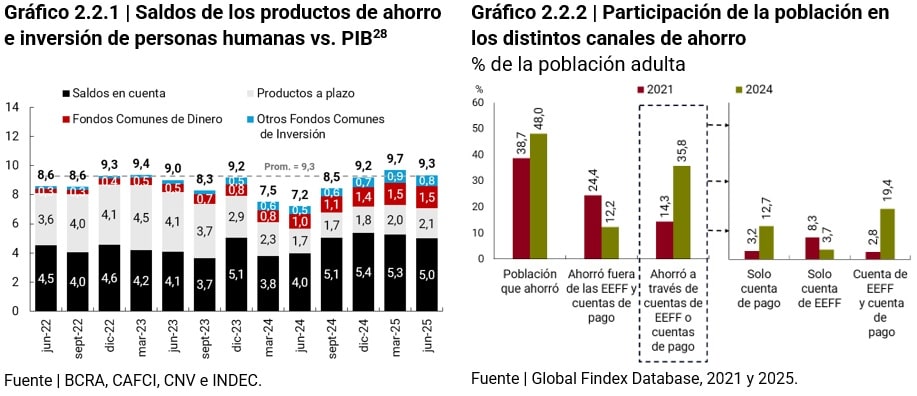 grafico saldos de los productos de ahorro e inversion de personas humanas vs. PIB/Participacion de la poblacion en los distintos canales de ahorro